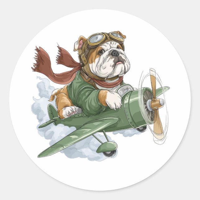 English Bulldog Pilot Airplane Classic Round Sticker (Front)