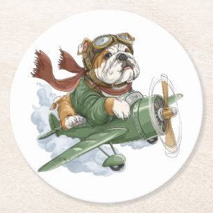 English Bulldog Pilot Airplane Round Paper Coaster