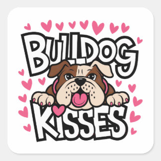 English Bulldog Puppy Dog Pink Heart Kisses Love Square Sticker