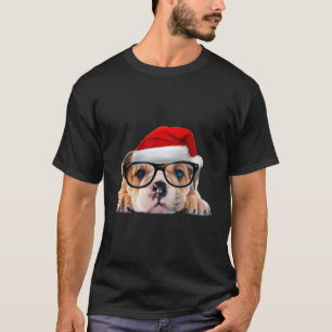 English Bulldog Puppy Glasses Dog Santa Hat Christ T-Shirt