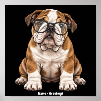 English Bulldog Puppy with Glasses Funny Art Poster