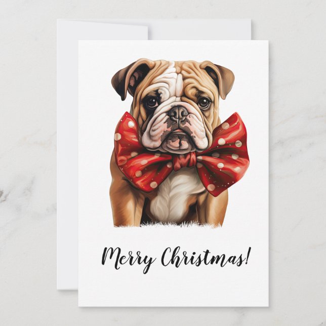 English Bulldog Ribbon Christmas Festive Card (Front)