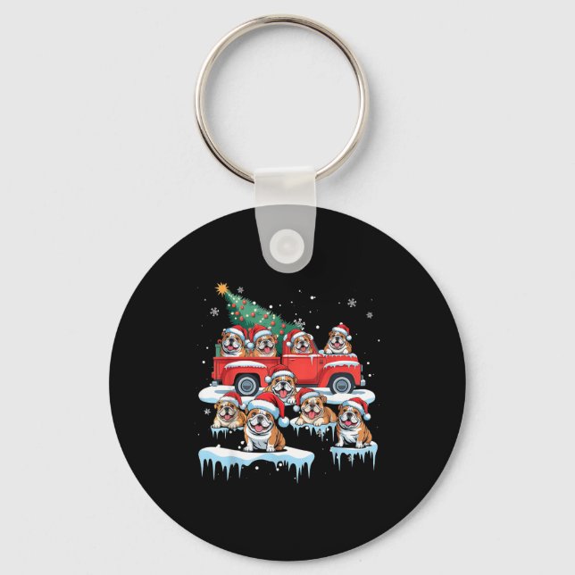 English Bulldog Riding Red Truck Ugly Sweater Chri Keychain (Front)