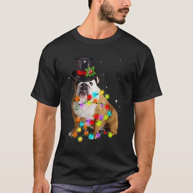 English Bulldog Santa Christmas Tree Lights Xmas B T-Shirt (Front)