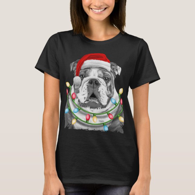 English Bulldog Santa Christmas Tree Lights Xmas D T-Shirt (Front)