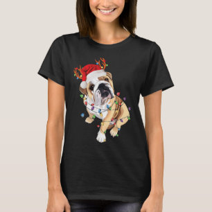 English Bulldog Santa Hat Reindeer Christmas Light T-Shirt