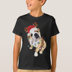 English Bulldog Santa Hat Reindeer Christmas Light T-Shirt