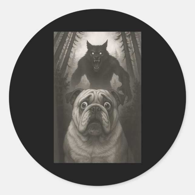 English Bulldog Selfie With Werewolf Funny  Classic Round Sticker (Front)