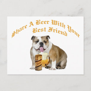 English Bulldog Shares Beer Postcard