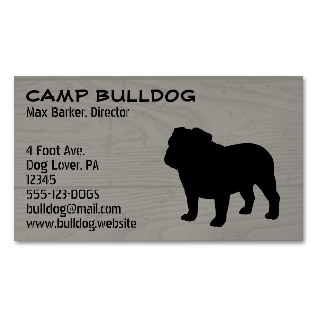 English Bulldog Silhouette Faux Wood Grain Magnetic Business Card (Front)