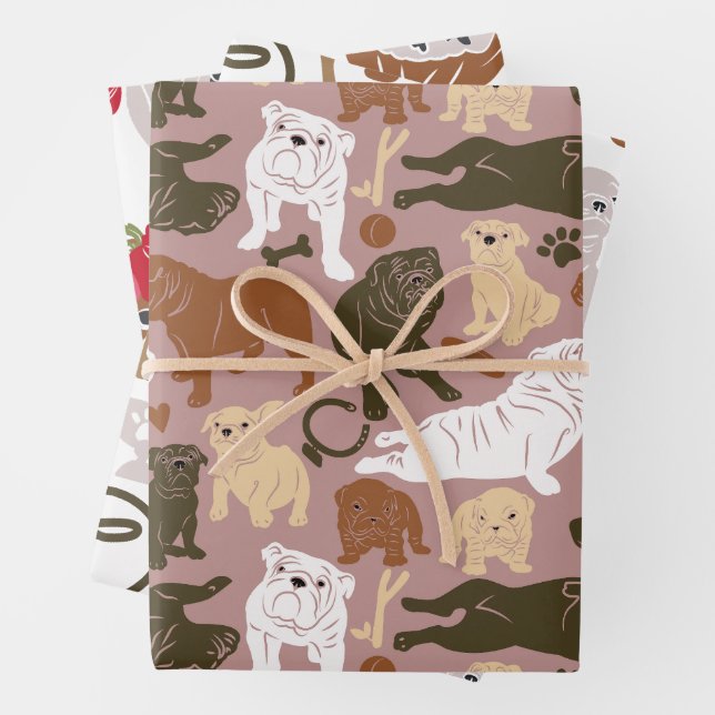 English Bulldog Silhouette in three colours  Wrapping Paper Sheet (In situ)
