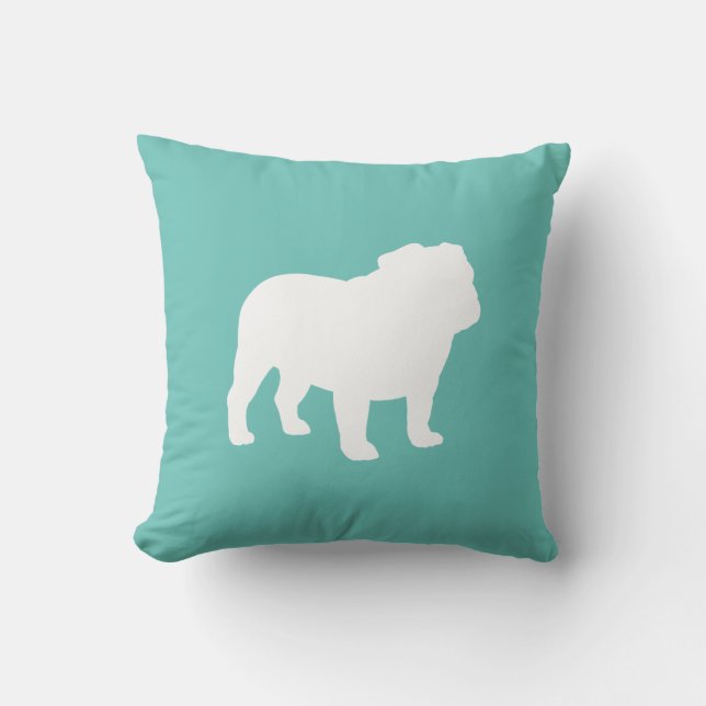 English Bulldog Silhouette Teal and White Throw Pillow (Front)