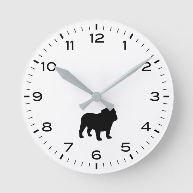 English Bulldog Silhouette with Hours and Minutes Round Clock (Front)