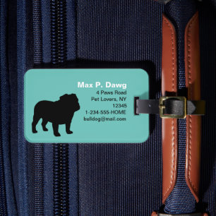 English Bulldog Silhouettes Teal with Custom Text Luggage Tag