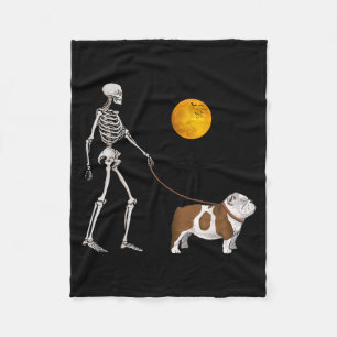 English Bulldog Skeleton Dog Walking Halloween Fleece Blanket