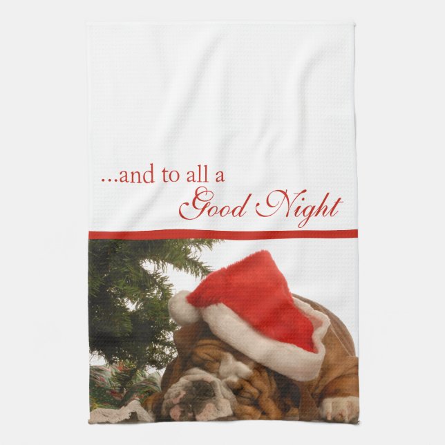 English Bulldog Snoozing Christmas Kitchen Towel (Vertical)
