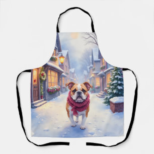 English Bulldog Snowy Christmas Village Holiday Apron
