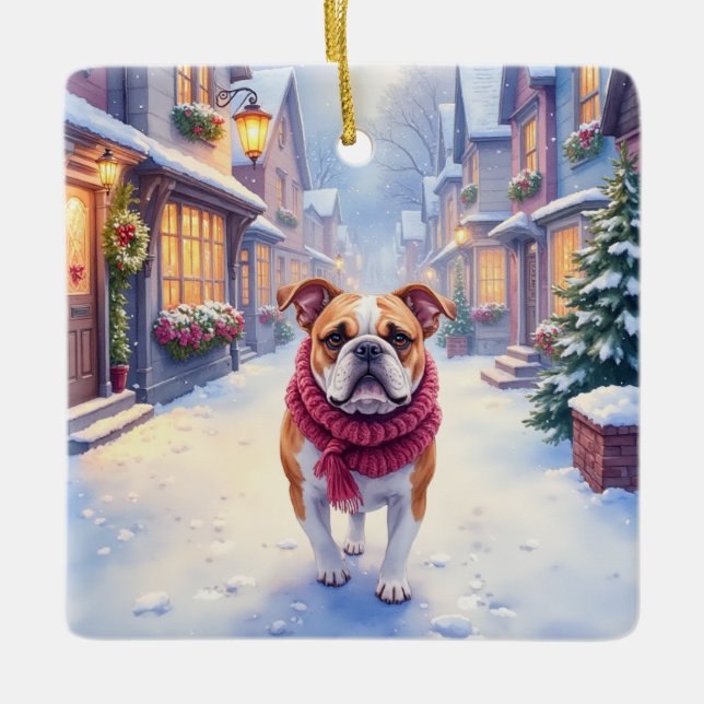 English Bulldog Snowy Christmas Village Holiday Ceramic Ornament (Front)