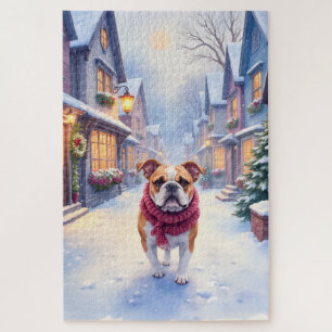 English Bulldog Snowy Christmas Village Holiday Jigsaw Puzzle
