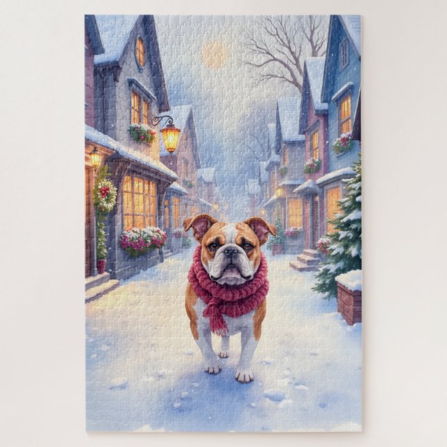 English Bulldog Snowy Christmas Village Holiday Jigsaw Puzzle (Vertical)