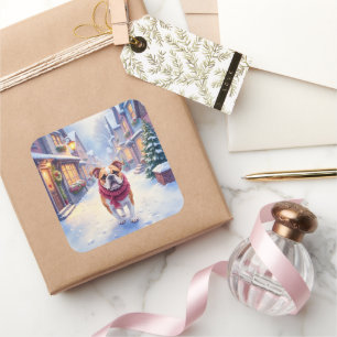 English Bulldog Snowy Christmas Village Holiday Square Sticker