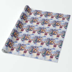 English Bulldog Snowy Christmas Village Holiday Wrapping Paper
