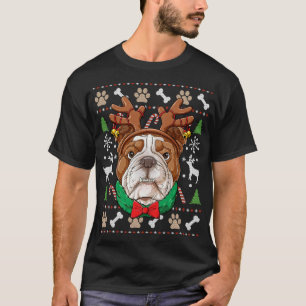 English Bulldog Ugly Christmas Reindeer Antlers Xm T-Shirt