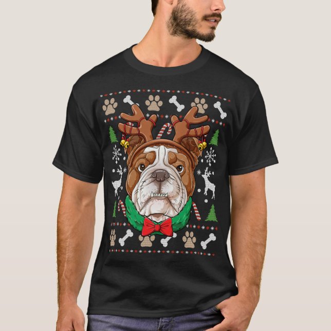 English Bulldog Ugly Christmas Reindeer Antlers Xm T-Shirt (Front)