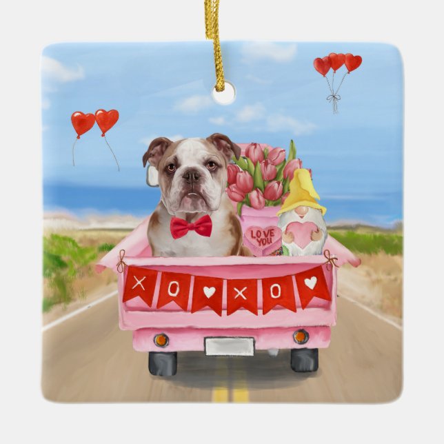 English Bulldog Valentine's Day Truck Hearts Ceramic Ornament (Front)