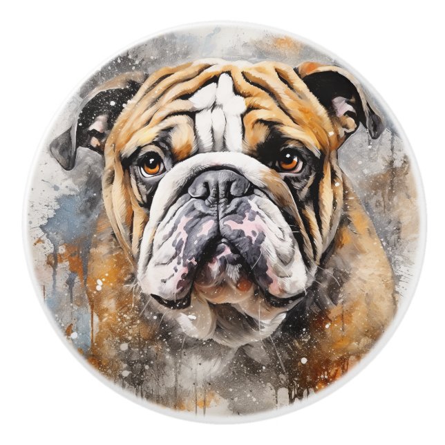 English Bulldog Watercolor Art Ceramic Knob (Front)