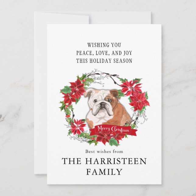 English Bulldog Watercolor Poinsettia Christmas Holiday Card (Front)