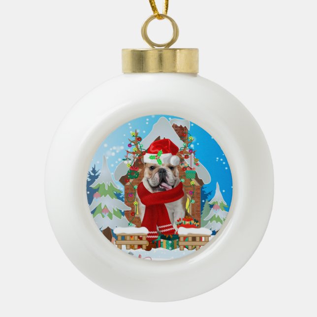 English Bulldog with Christmas gifts Ceramic Ball Christmas Ornament (Front)