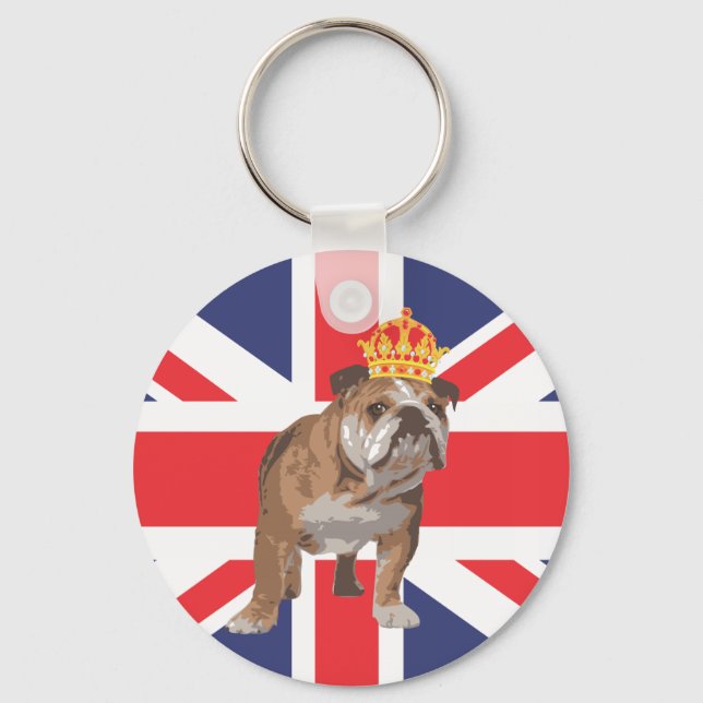 English Bulldog with Crown and Union Jack Keychain (Front)