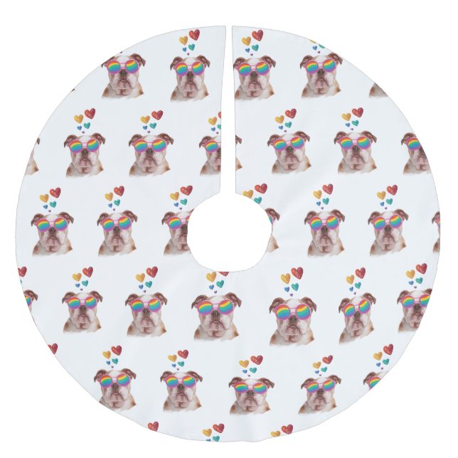 English Bulldog with Hearts Valentine's Day  Brushed Polyester Tree Skirt (Front)