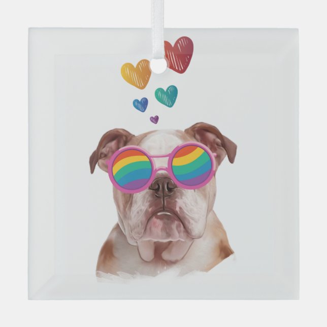 English Bulldog with Hearts Valentine's Day  Glass Ornament (Front)