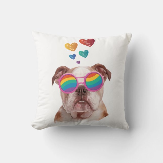 English Bulldog with Hearts Valentine's Day Throw Pillow (Front)