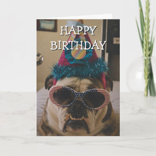 English Bulldog With Party Hat Wearing Sunglasses Card