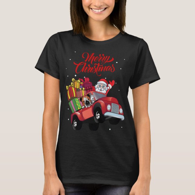 English Bulldog With Santa Claus In Red Truck Dog T-Shirt (Front)
