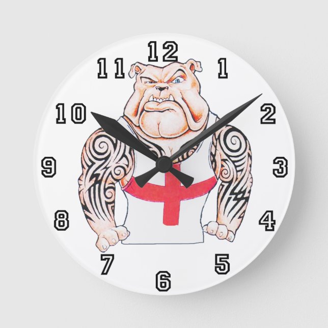 English Bulldog with Tribal Tattoos Round Clock (Front)