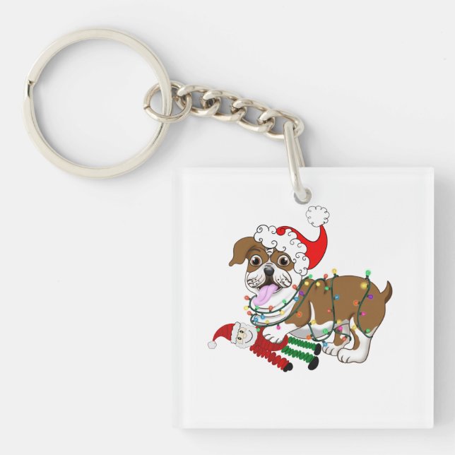 English Bulldog With Xmas Lights Keychain (Front)