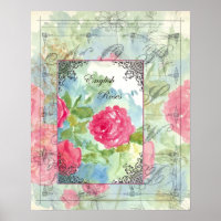 English Cabbage Roses Collage Watercolor Flowers
