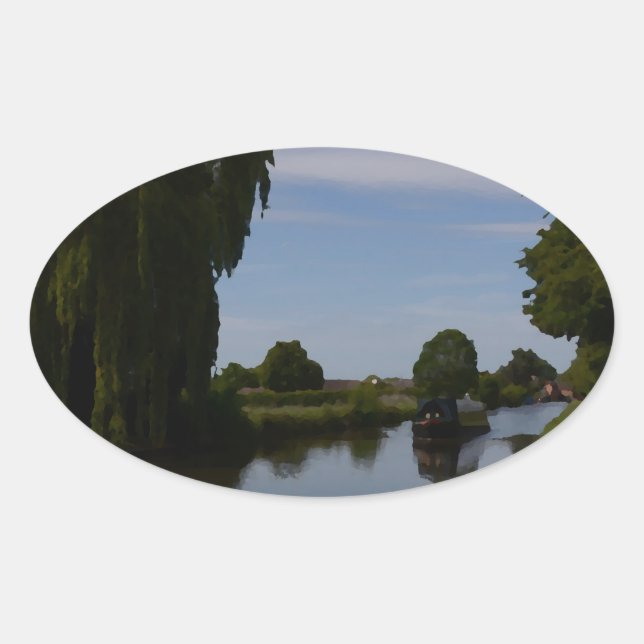 English Canal Scene Oval Sticker (Front)