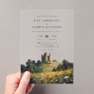 English Castle Wildflowers Floral Wedding Acrylic Invitations