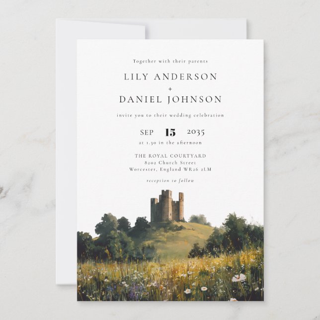 English Castle Wildflowers Floral Wedding Invitation (Front)
