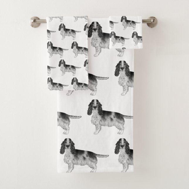 English Cocker Spaniel In Black And White Pattern Bath Towel Set (Insitu)