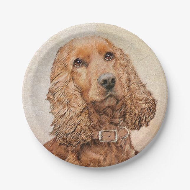English Cocker Spaniel Painting - Original Dog Art Paper Plate (Front)