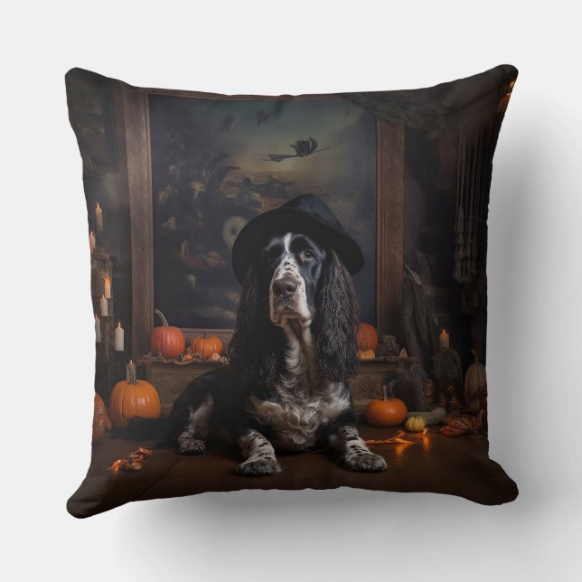 English Cocker Spaniel Pumpkins Halloween Scary  Throw Pillow (Back)