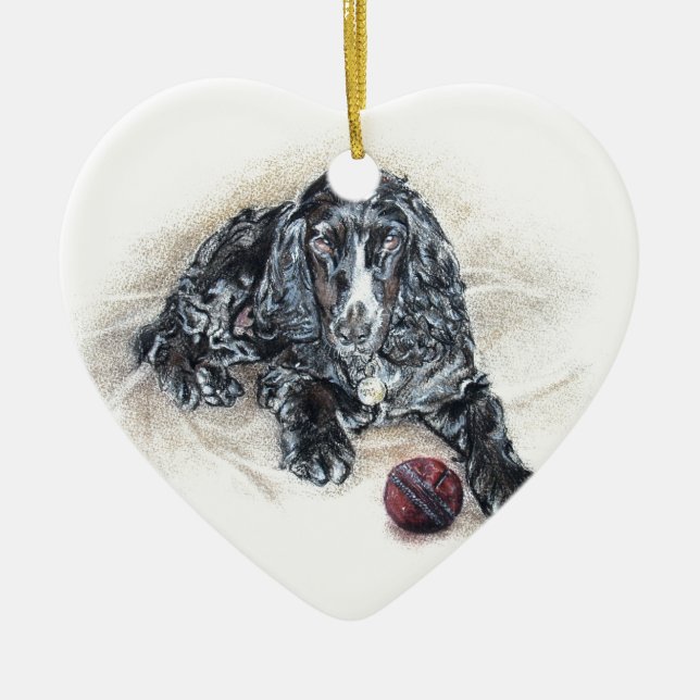English Cocker Spaniel with Cricket Ball painting Ceramic Ornament (Front)