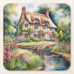 English Cottage Square Paper Coaster<br><div class="desc">A Watercolour English cottage with garden</div>