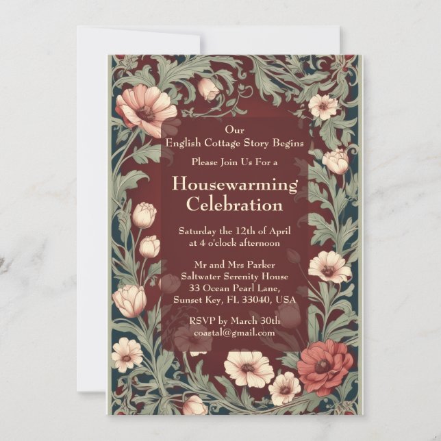 English Cottage William Morris Maroon Housewarming Invitation (Front)